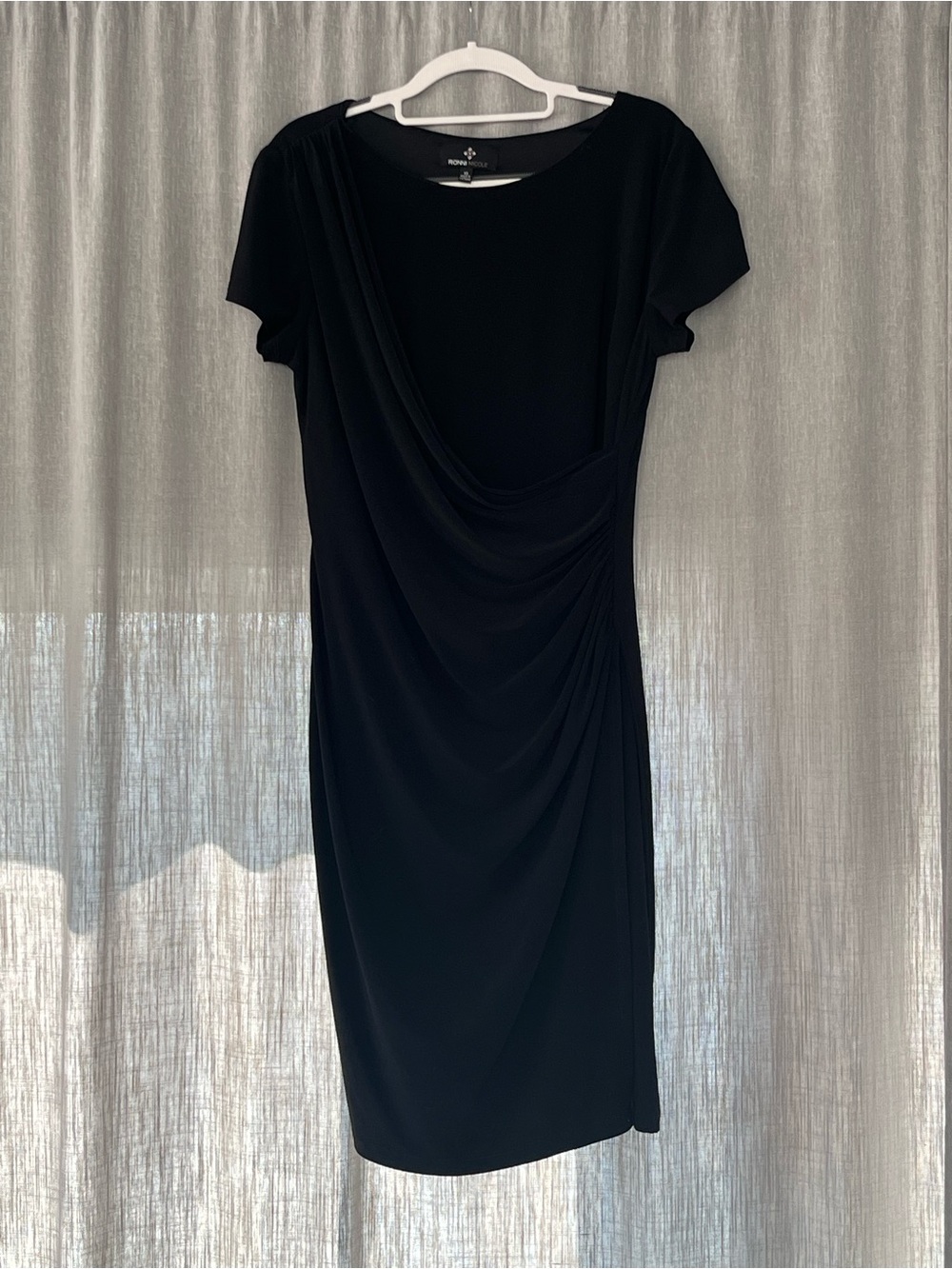 Ronni Nicole Black Draped Midi Sheath Dress